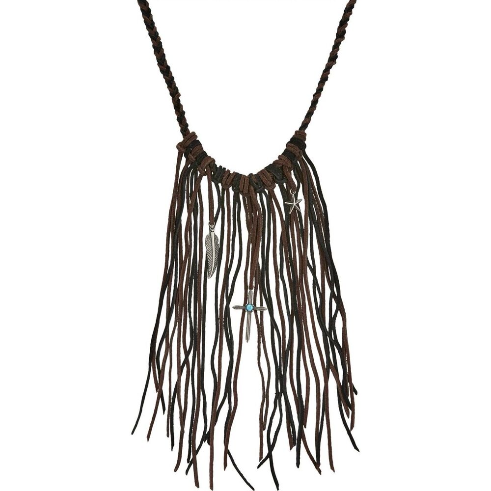 Justin Boots Western Boho Braided Suede Necklace w Silver Charms in Brown/Black